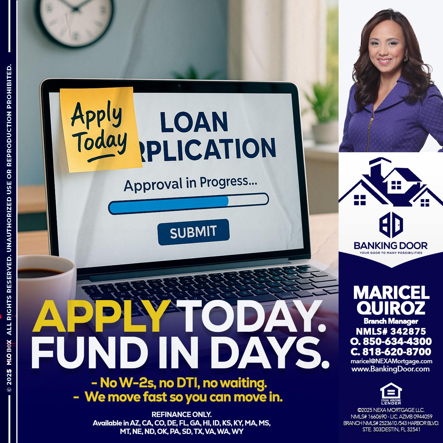 APPLY TODAY - Maricel Quiroz -Branch Manager