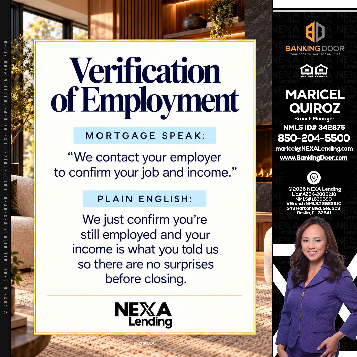 VERIFICATION OF EMPLOYMENT - Maricel Quiroz -Branch Manager